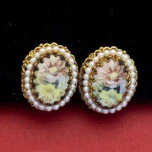 Vintage Faux Pearls Floral Painting Clip On Earrings by Western Germany - F45